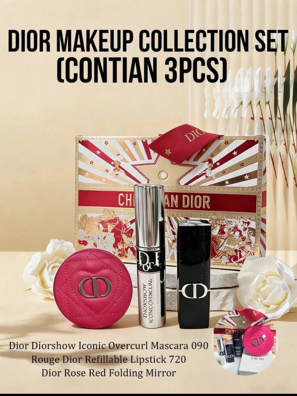 Dior Rose Red Folding Mirror with Silver Mascara & Black Lipstick Case